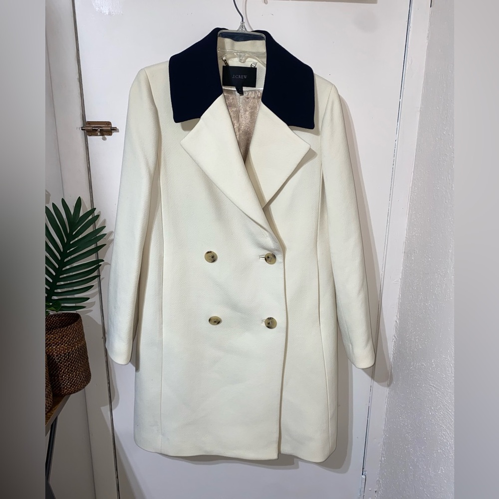 J. Crew Cream Double-Breasted Coat with Black Collar